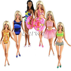 BARWA Set 12 Items 5 Psc Random Swimsuits Bathing Clothes Bikini One Piece with 2 Pool Float Lifebuoys with 5 Shoes Mix Color Lot for 11.5 inch Doll