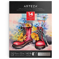 Arteza Watercolor Paper Pad, 9 x 12 Inches, 14 Sheets of Double-Sided Fine-Grained 100% Cotton Paper, 140-lb, Hot-Press, Art Supplies for Watercolor Techniques and Mixed Media