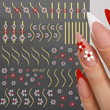 6 Sheets Metallic Flowers Nail Stickers French Line Nail Decals Geometric Lines Golden Strips Nail Art Stickers Little Daisy Sliders Polish Wrap Manicure Accessories Women DIY Nail Decorations