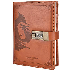 Dragon Leather Journal, Hardcover Notebook, Locked Refillable Diary, Lined/Blank Paper Writing Journals with Combination Lock for Men Women Child (Brown)