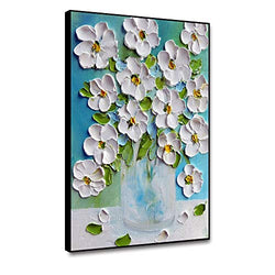 Musemailer Framed Flower Painting Canvas Wall Art 8"x10" Abstract Hand Painting Prints White Flowers with Green Leaves in Vase Canvas Printed Floral Still Life Wall Decor for Living Room Dining Room