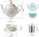 Taimei Teatime Porcelain Tea Set, European Teapot Set with 1 Teapot with Infuser (37 oz), 4 Tea Cups and Saucers, Tea Set for Woman with Lily Floral Pattern, Tea Gift Set For Tea Lover and Woman
