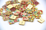 RayLineDo Mixed Flower Printed Square Shaped Wooden Buttons Crafting Sewing DIY 2 Holes Approx 50