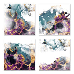 Purple Teal with Gold Canvas Wall Art Painting 4 panel Abstract Watercolor Prints Home Decoration Framed Artwork for Bedroom Living room