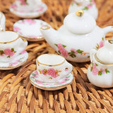 Dollhouse Accessories, 1/6 1/12 Miniature, 11pcs Dining Ware Porcelain Tea Cup Set with Golden Trim Floral Pattern Home Decoration Kitchen Chic Style Kit