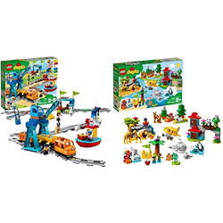 LEGO DUPLO Cargo Train 10875 Exclusive Battery-Operated Building Blocks Set (105 Pieces) & DUPLO Town World Animals 10907 Exclusive Building Bricks (121 Pieces)