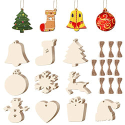KACIOPOO 100PCS Wooden Christmas Ornaments - 10 Shapes Wood Ornaments for Crafts Unfinished Predrilled Wood with Cords for Decoration