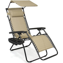 Best Choice Products Folding Zero Gravity Recliner Lounge Chair w/Canopy Shade and Cup Holder Tray - Beige