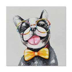 SEVEN WALL ARTS - Cute Dog Painting Hand Painted Puppy Pug Wear Colorful Glasses Painting Modern Abstract Pet Artwork Painting for Home Bedroom Office Decor 24 x 24 Inch