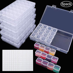 SGHUO 6 Pack 28 Grids Diamond Painting Boxes Organizer Plastic 5D Diamond Embroidery Storage Box with 400pcs Label Stickers for Sewing, Nail Diamonds, Diamond Painting Accessories
