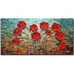 Metuu Modern Canvas Paintings, Texture Palette Knife Red Flowers Paintings Modern Home Decor Wall Art Painting Colorful 3D Flowers Wood Inside Framed Ready to hang 24x48inch