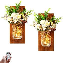 yoerm Rustic Wall Decor Living Room Mason Jars Fairy Lights with Artificial Flowers Wall Art Fall Decorations for Home, Set of 2