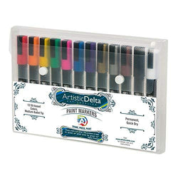Paint Markers by Artistic Delta - Set of 12 Medium Point Oil-based Art Pens - Assorted Quick-Dry Opaque Colors with Matte Finish - Durable Case - For Use on Glass, Rock, Wood, Ceramic, Plastic, Metal