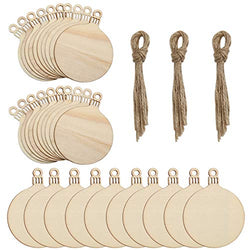 30 Pcs Unfinished Round Wooden Discs with Holes, 3.5" Predrilled Natural Wood Slices Hanging Ornaments, Wood Ornaments Christmas Decoration DIY Crafts with 30pcs Jute Twine for Hanging