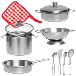 Liberty Imports Stainless Steel Metal Pots and Pans Kitchen Cookware Playset for Kids with Cooking Utensils Set