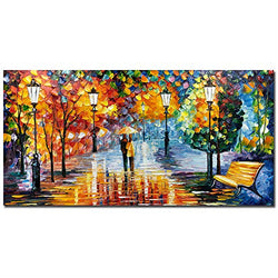 V-inspire Art,24X48 Inch Modern Hand Painted Oil Painting Rainy Night Street View Romantic Elements Wall Art Acrylic Canvas Painting Home Decoration