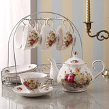 ufengke 15 Piece European Ceramic Tea Sets,China Coffee Set with Metal Holder, White and Red Rose Flower Painting