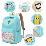 School Backpacks for Teen Girls Bookbags Lightweight Canvas Backpack Schoolbag Set (Turquoise-Flower)