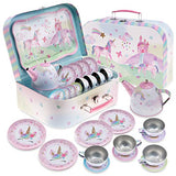 Jewelkeeper 15 Piece Kids Pretend Toy Tin Tea Set & Carrying Case - Party Unicorn Design