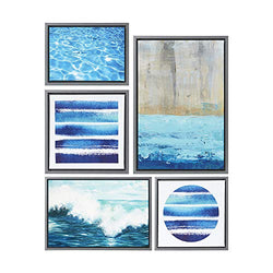Madison Park, Water Tide 5 Piece Set Wall Art Gel Coated Finished, Oversize Framed Canvas, Modern Abstract Design, Global Inspired Coastal Painting Living Room Accent Décor, Blue Multi, 25.6 x 17.6