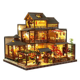 HEYANG 3D Wooden Assembled Dollhouse Kit DIY Miniature Japanese Style Courtyard Scene Building with Dust Cover and Music Creative Gift
