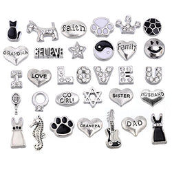 RUBYCA 64pcs Mix Floating Charms Lot for Glass Living Memory Lockets Black and White Silver Color