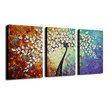 Amoy Art- Hand Painted Knife Modern Canvas Wall Art Floral Oil Painting for Home Decor 12x16inch 3pcs/set Stretched and Framed Ready to Hang