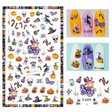 9 Sheets Halloween Nail Art Stickers Decals Self-Adhesive Pegatinas Uñas Spider Web Pumpkin Skull Bat Ghost Witch Cute Kids Nail Supplies Nail Art Design Decoration Accessories