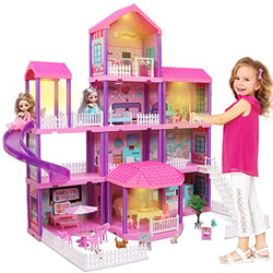 Doll House, Dollhouse w/ Furniture - Pink / Purple Girl Toys | 4 Stories, 11 Rooms w/ 2 Princesses, Slide, Lights, Gifts for 3 4 5 6 7 8 9 10 Year Old Girls Toys(27.6" x 26.8" x 35.8")
