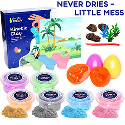 Kinetic Modeling Clay for Kids - Non Hardening, Reusable, Easy to Clean - Dinosaur Toys Gift Set for 2 3 4 5 6 Year Old Boys and Girls - 6 Tubes of Non Drying Soft Molding Clay and 3 Dino Eggs Molds
