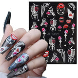 3 Sheets Halloween Nail Art Stickers 5D Stereoscopic Embossed DIY Nail Art Decals Halloween Classic Design Blood Skull Skeleton Ghost Blood Palm Print for Women Girls Nail Decorations