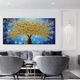 MUWU Paintings 24x48 Inch Lucky Tree Paintings 3D Abstract Paintings Golden Flower Oil Hand Painting On Canvas Wood Inside Framed Ready to Hang Wall Decoration for Living Room (Blue)