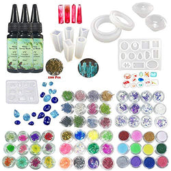 UV Epoxy Resin Jewelry Kit Cristal Non-Toxic, 3 Epoxy + 11 Molds 31 Shapes + 100 Rings + 12 Dried Flowers + 12 Coral Flowers + 12 Glassines + 12 Holographic Paper + 12 Glitters Pigment Powder
