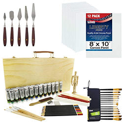 U.S. Art Supply 50-Piece Acrylic Painting Set with 12 Pack of 8 X 10" Artist Quality Acid, 15 Piece Artist Brushes, 24 Acrylic Colors, Colored Pencils, Graphite Pencils, 5 Steel Palette Knife Set