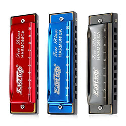 East top Harmonica Set of 3,10 Holes Blues Harp Diatonic Mouth Organ Harmonicas Set with 3 keys, A, C, G key for Adults, Band Player and Students, as Gift