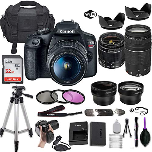 Canon EOS Rebel T7 DSLR Camera w/EF-S 18-55mm f/3.5-5.6 is II & EF 75-300mm f/4-5.6 III Lens + Wide-Angle and Telephoto Lenses + Portable Tripod + Memory Card + Deluxe Accessory Bundle