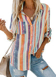 Astylish Women Striped Button Down Long Roll up Sleeves Work Shirt Blouse Tops Orange X-Large