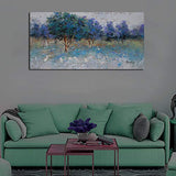 Canvas Wall Art Prints Nature Trees Blue Green Tones Landscape Painting Textured One Panel Modern Woods Picture Framed Ready to Hang for Home and Office Decor 48"x24"-Original Design