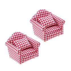 2 Sets 1:12 Scale DIY Dollhouse Sofa&Armchair with Pillow Mini Dolls House Furniture Couch&Chair Miniature Wooden Furniture Handmade Crafts Supplies Red Checkered Dollhouse Toy Dollhouse Accessories