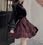 Women's High Waisted Short A-line Flare Gothic Mini Black Red Plaid Pleated Skirt Dress