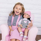 Adora Realistic Baby Doll Girl Power in Knit-Sleeved Shirt and Gray Over-All Dress with Pink Heart Embroidery