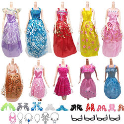 AMETUS 30 PCS Doll Clothes Accessories, 6 Gown Dresses, 4 Litte Dresses, 10 Shoes, 4 Glasses, 6 Necklaces, for 11.5 inch Dolls, Birthday Girl Gift
