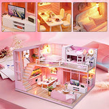 GLOGLOW DIY Dollhouse Kit, Miniature 3D Pink Girl Wooden Loft Assembling Doll House with LED Light for Kids Boys Girls Home Decor Birthday