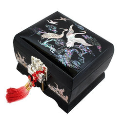 Mother of Pearl Music Bird Design Black Wooden Women Jewelry Mirror Trinket Keepsake Treasure Gift Musical Asian Lacquer Watch Ring Box Case Chest Organizer with Crane and Pine Tree