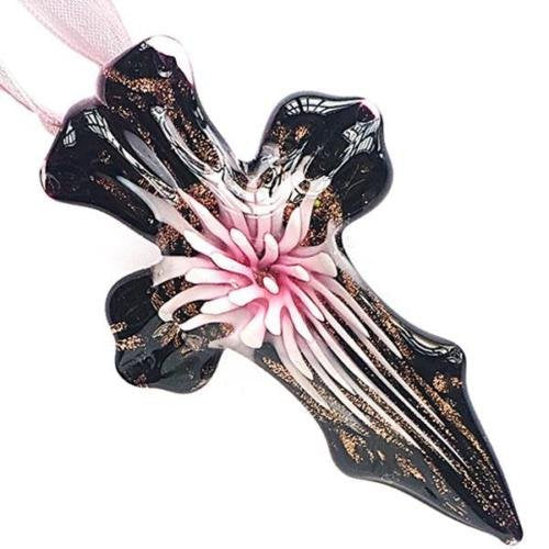 Pink Flower Black Cross Lampwork Glass Murano Bead Pendant Ribbon Necklace Cord