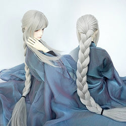 1/3 BJD Doll Wig High Temperature Synthetic Fiber Boy Man Long Silver Gray Single Braid with Full Bangs Hair Wig for 1/3 1/4 1/6 1/8 BJD SD Doll(L.S-723-3-1001A)