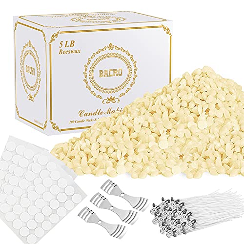 BACRO Natural Beeswax for DIY Candle Making Kit Supplies - 5 lb. Bag of Beeswax Flakes w/ 100 5-Inch Cotton Wicks, 3 Metal Centering Devices, 100 Candle Wick Stickers