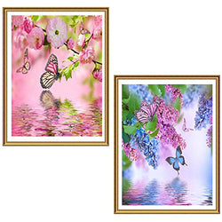 Ginfonr 2 Pack 5D Diamond Painting Butterfly by Number Kits, Butterfly on The Lake Paint with Diamonds Full Drill Art Crystal DIY Embroidery Rhinestone Decor Craft 30x40 cm (12x16 inch)