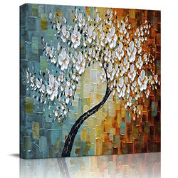 Canvas Wall Art - Hand-Painted Style White Flower Plum Blossom Wall Decor Paintings Pictures for Living Room Modern Artwork Stretched and Framed Ready to Hang 24" x 24"