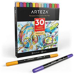 ARTEZA Fabric Markers, Set of 30 Assorted Colors, Permanent and Machine Washable Ink Ideal for